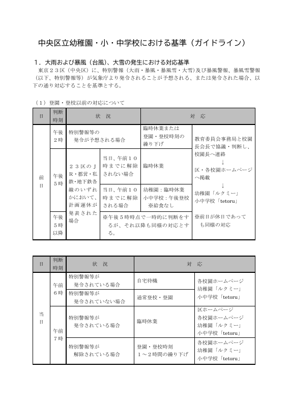 中央区立幼稚園・小・中学校における自然災害発生時等に関する対応ガイドライン.pdfの1ページ目のサムネイル